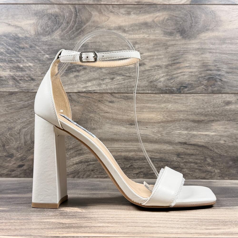 NIB Steve Madden 8.5M Tiaa Leather Two Piece Ankle Strap Block Heel Sandal Bone - Picture 4 of 13